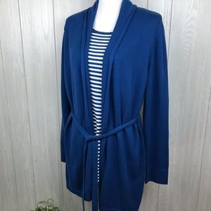 Style & Co blue attached knit top and long sleeve cardigan belted tie waist